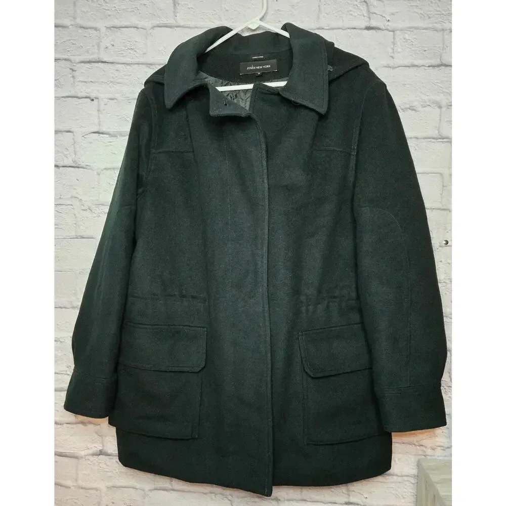 Vintage Jones New York wool blend black hooded coat size 16.